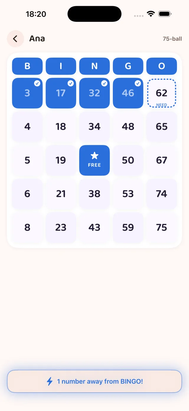 Digital bingo card with line detection