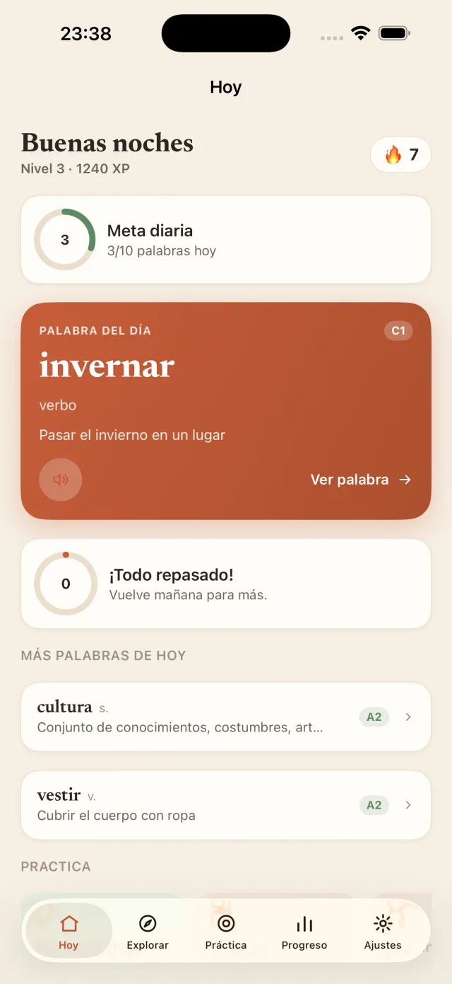 Pantalla de inicio de Léxico con la palabra del día