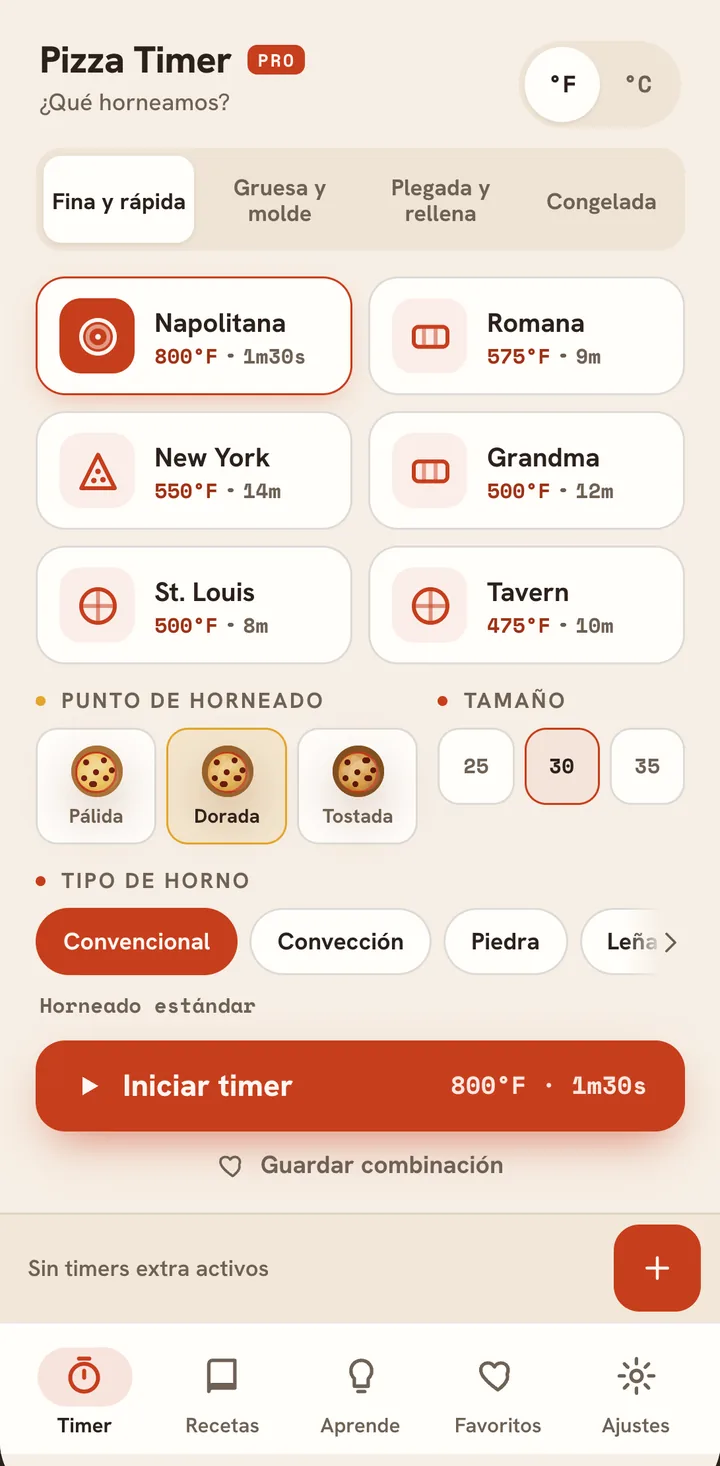 Pantalla principal de Pizza Timer