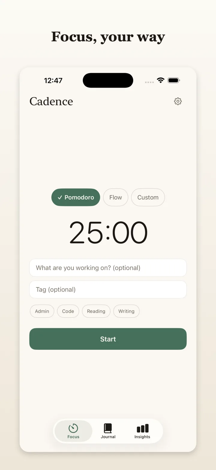 Cadence focus screen with the Pomodoro timer