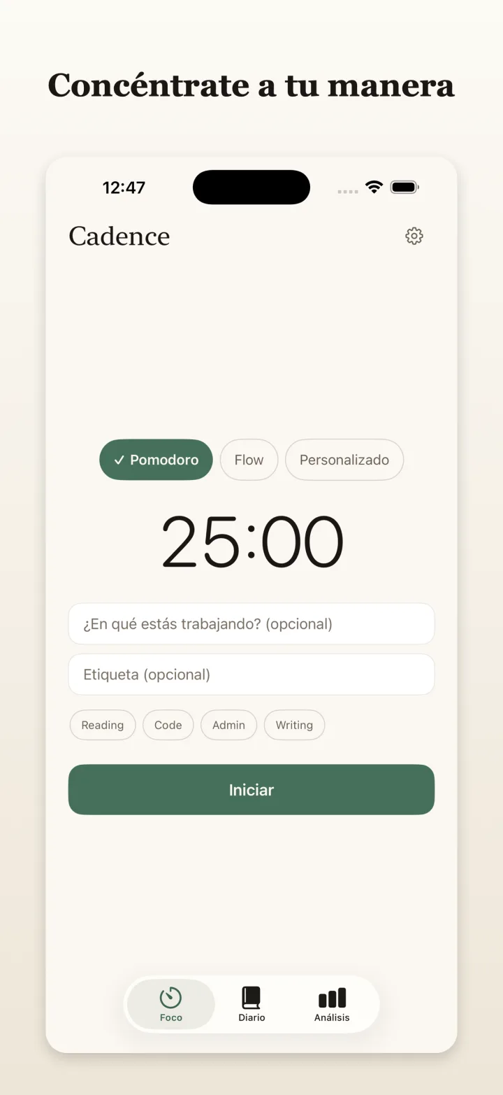 Pantalla de concentración de Cadence con el temporizador Pomodoro