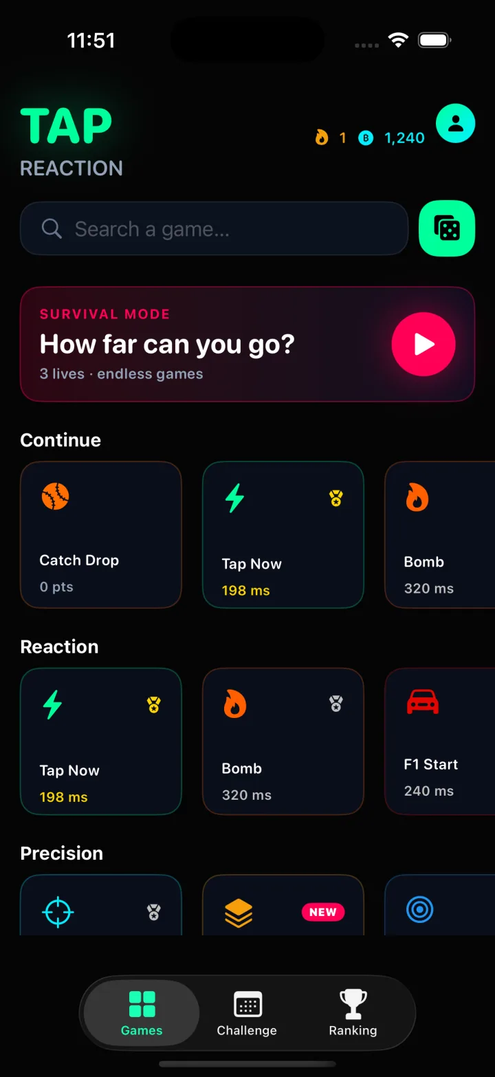 Tap Reaction home screen with the mini-games and Survival mode