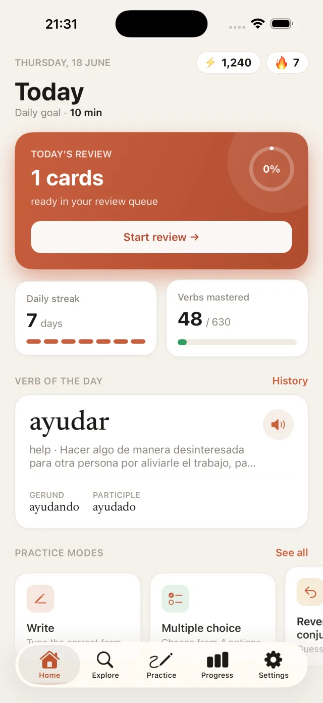 Verbos home screen with the streak and verb of the day