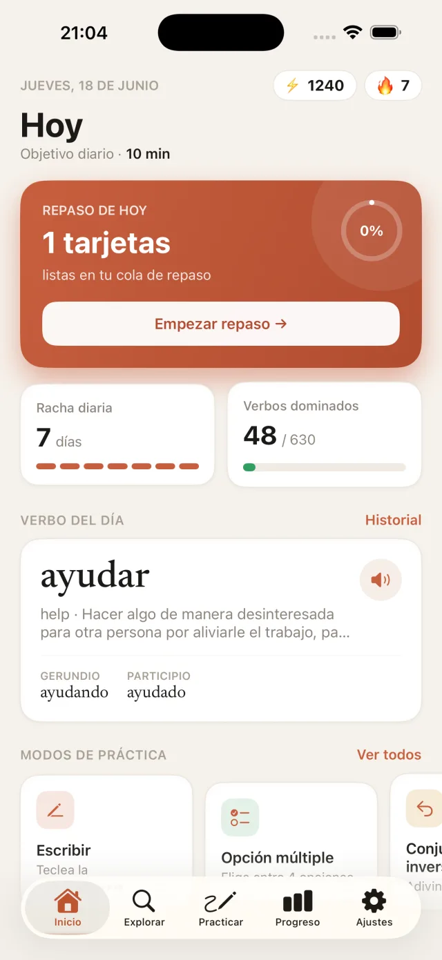 Pantalla de inicio de Verbos con la racha y el verbo del día