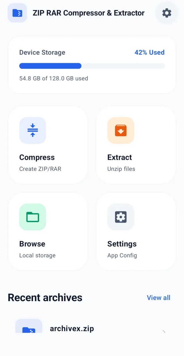 Pantalla de inicio de Zip Extractor con las acciones Comprimir, Extraer y Explorar
